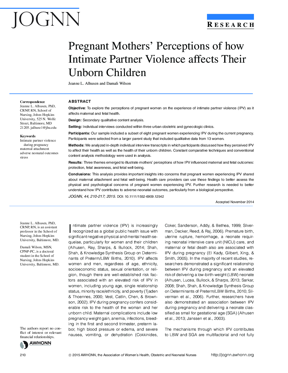 Pregnant Mothers' Perceptions of how Intimate Partner Violence affects Their Unborn Children