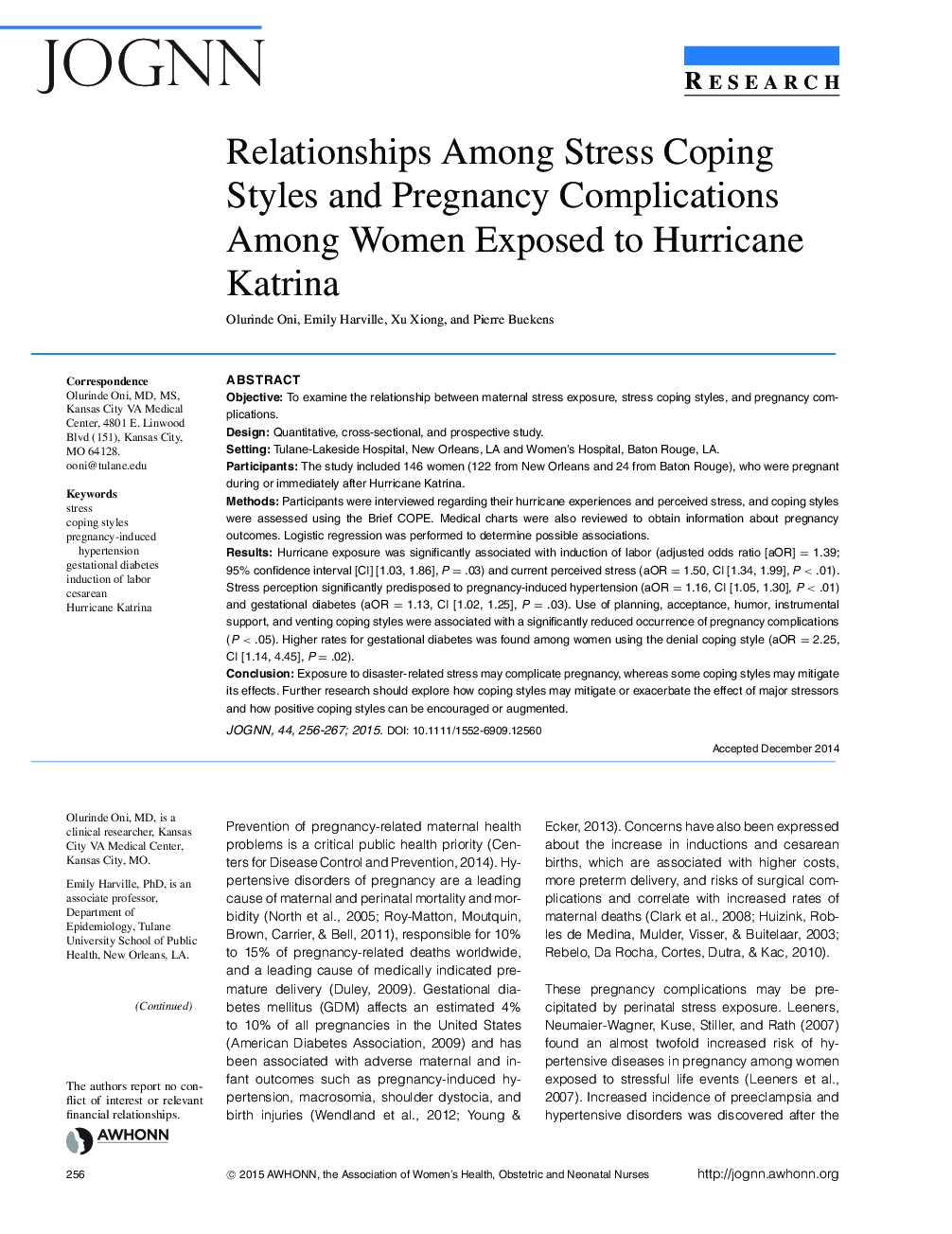 Relationships Among Stress Coping Styles and Pregnancy Complications Among Women Exposed to Hurricane Katrina