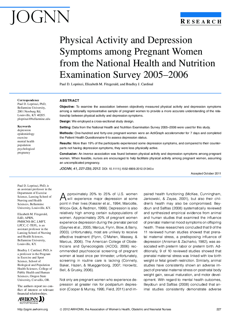 عکس صفحه اول مقاله: Physical Activity and Depression Symptoms among Pregnant Women from the National Health and Nutrition Examination Survey 2005-2006 Physical Activity and Depression Symptoms among Pregnant Women from the National Health and Nutrition Examination Survey 2005-2006