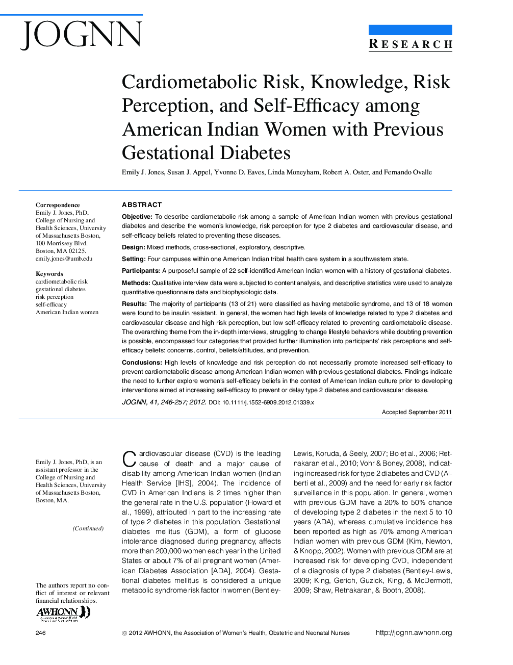 Cardiometabolic Risk, Knowledge, Risk Perception, and SelfâEfficacy among American Indian Women with Previous Gestational Diabetes