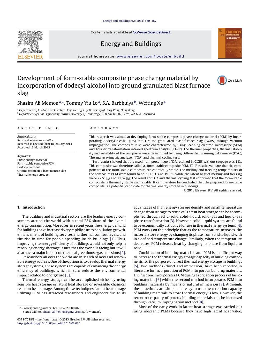 Development of form-stable composite phase change material by incorporation of dodecyl alcohol into ground granulated blast furnace slag