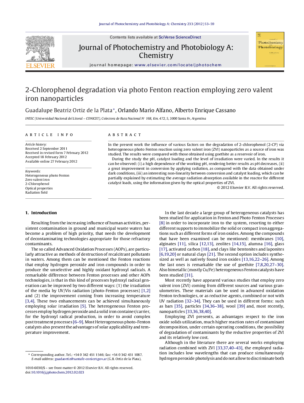 2-Chlorophenol degradation via photo Fenton reaction employing zero valent iron nanoparticles