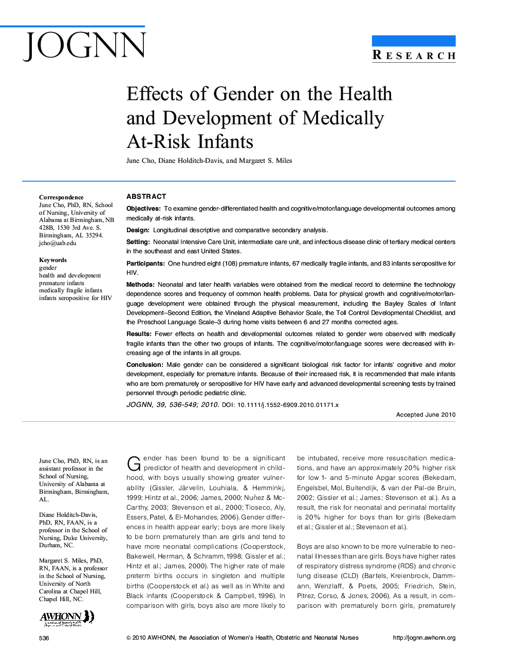 Effects of Gender on the Health and Development of Medically AtâRisk Infants