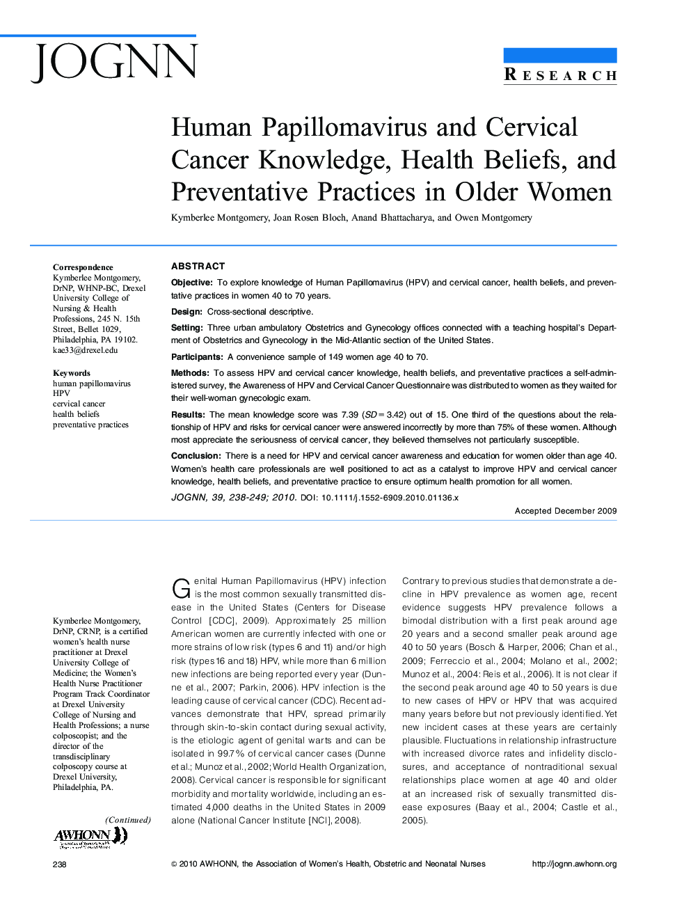 Human Papillomavirus and Cervical Cancer Knowledge, Health Beliefs, and Preventative Practices in Older Women