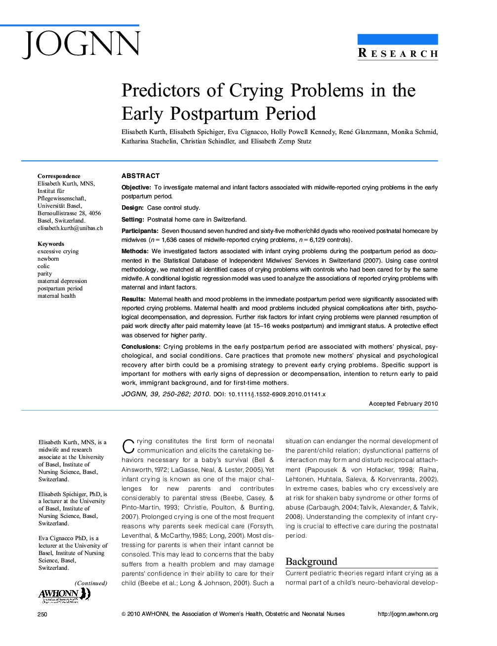 Predictors of Crying Problems in the Early Postpartum Period