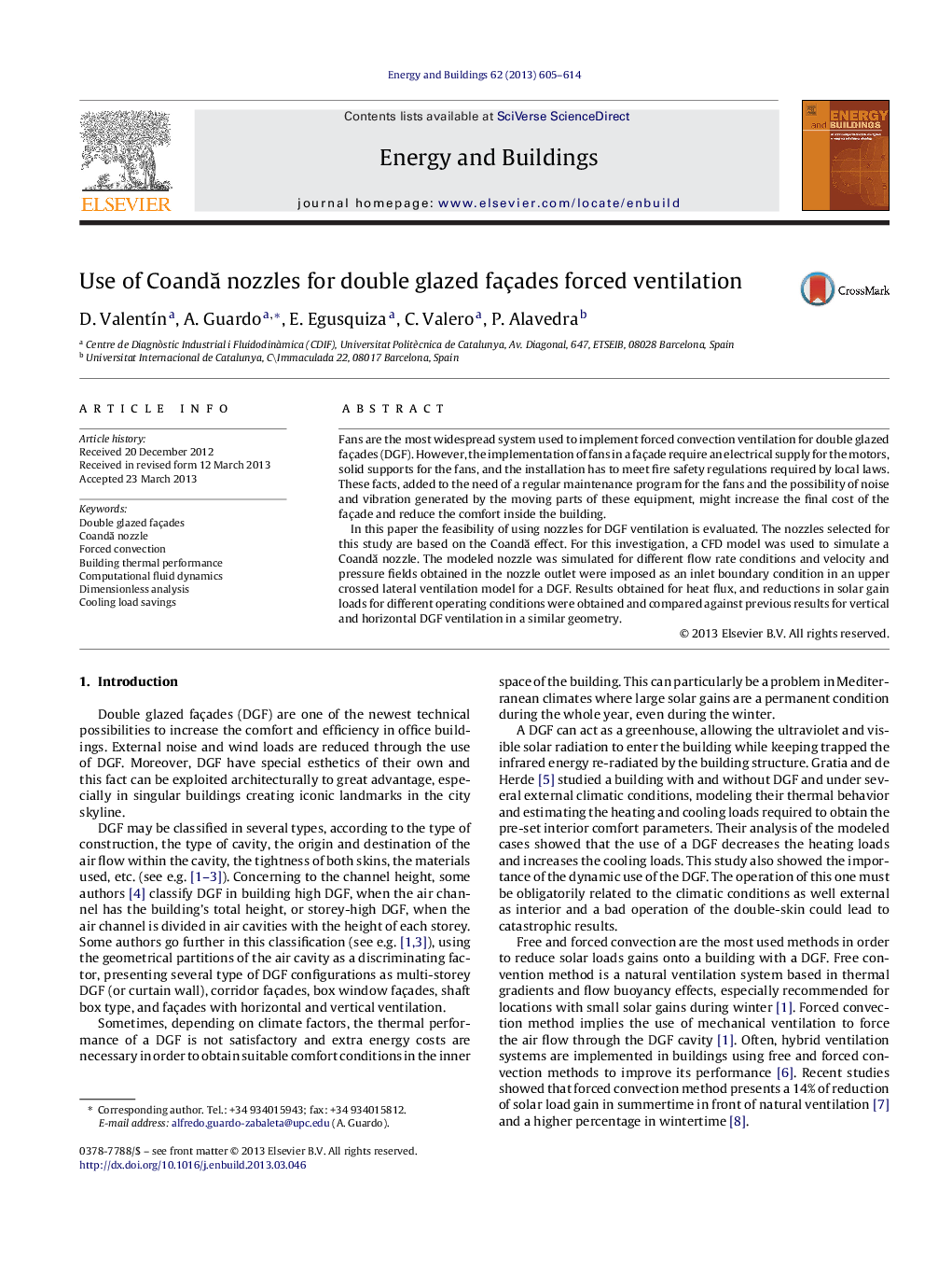 Use of Coandă nozzles for double glazed façades forced ventilation