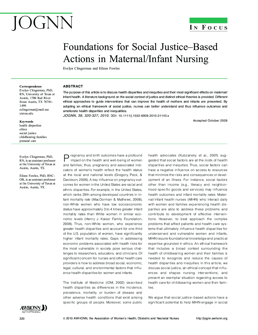 Foundations for Social Justice-Based Actions in Maternal/Infant Nursing