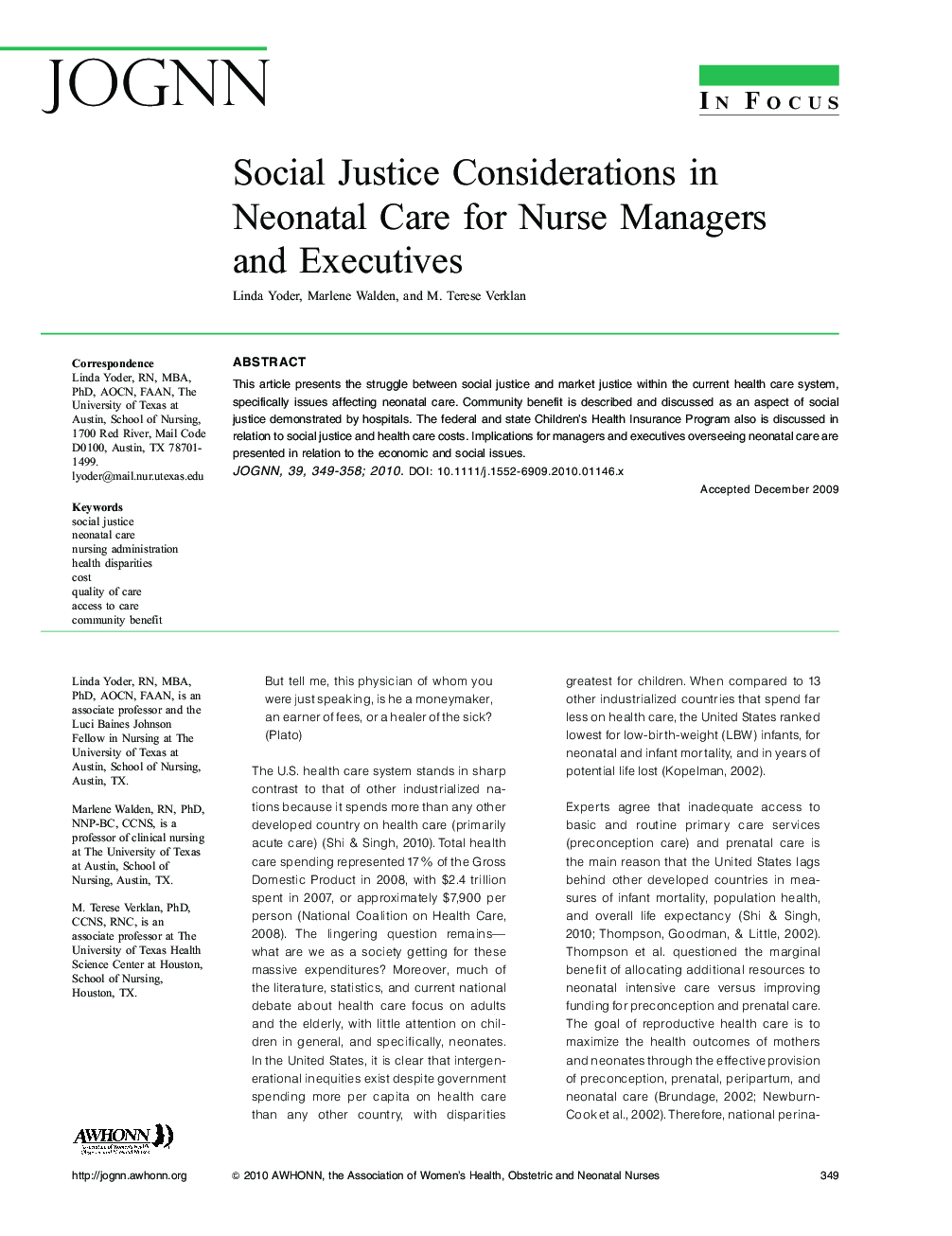 Social Justice Considerations in Neonatal Care for Nurse Managers and Executives