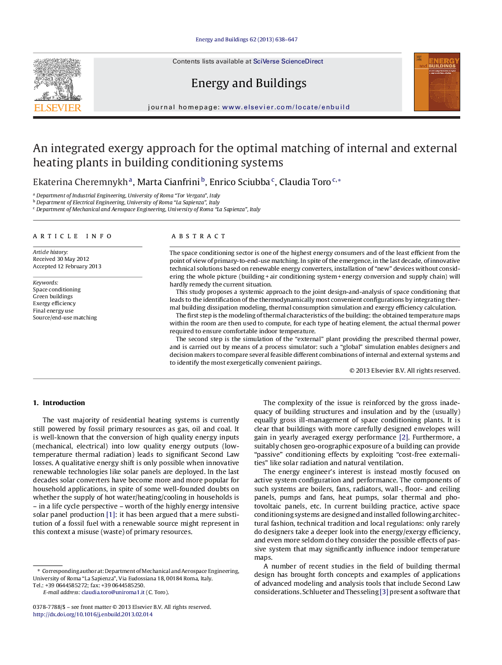 An integrated exergy approach for the optimal matching of internal and external heating plants in building conditioning systems