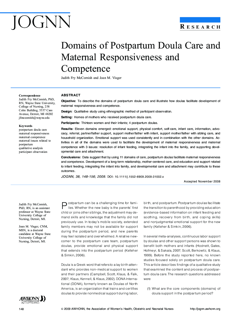 Domains of Postpartum Doula Care and Maternal Responsiveness and Competence