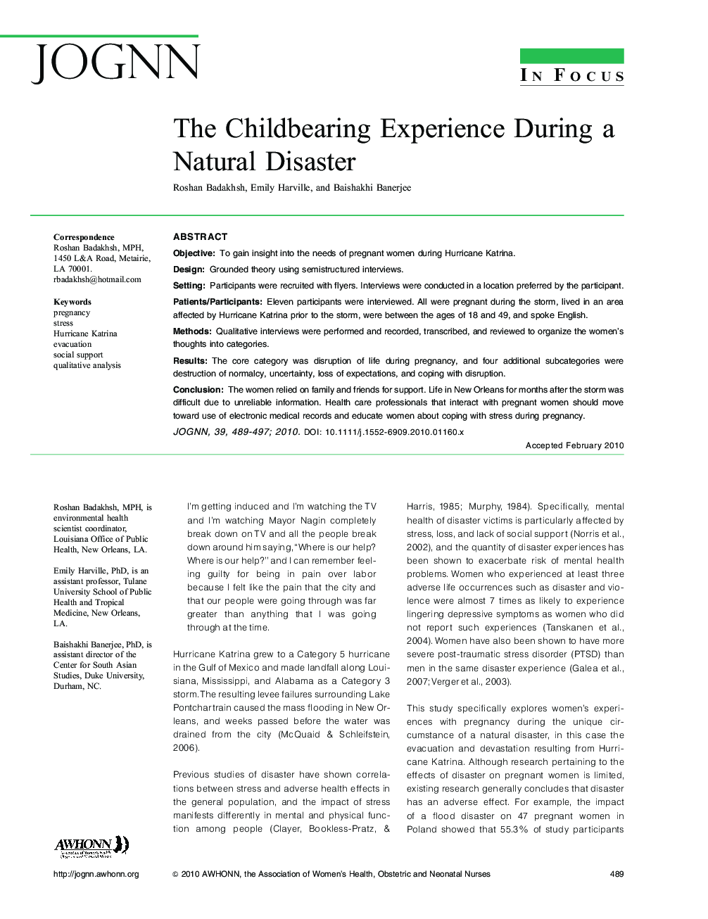 The Childbearing Experience During a Natural Disaster