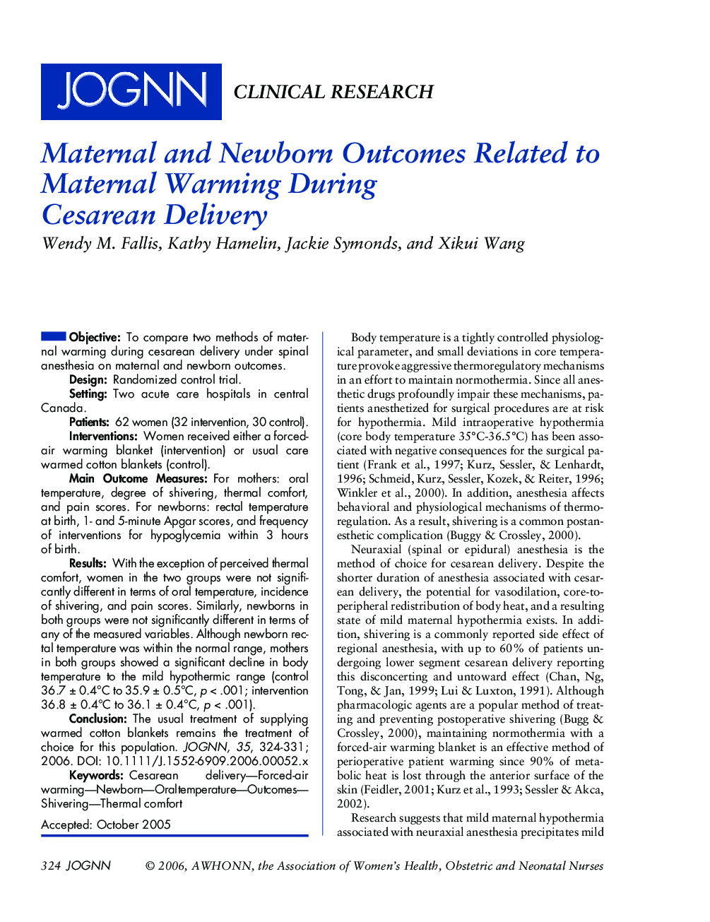 Maternal and Newborn Outcomes Related to Maternal Warming During Cesarean Delivery