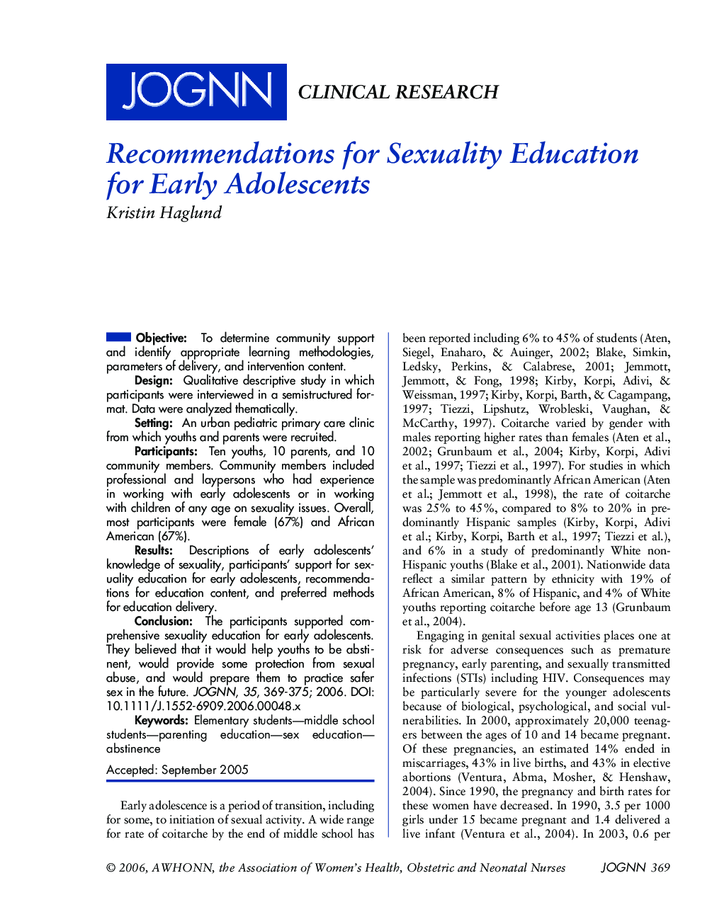 Recommendations for Sexuality Education for Early Adolescents