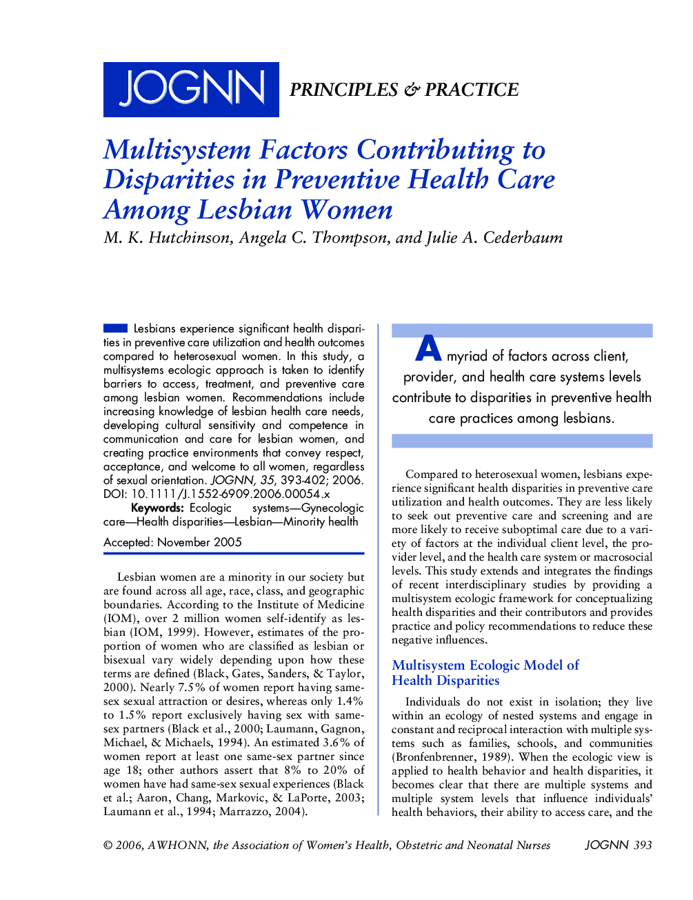 Multisystem Factors Contributing to Disparities in Preventive Health Care Among Lesbian Women