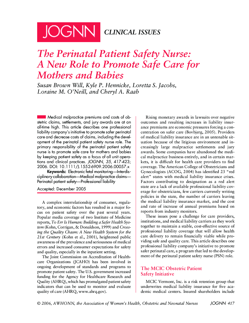 The Perinatal Patient Safety Nurse: A New Role to Promote Safe Care for Mothers and Babies