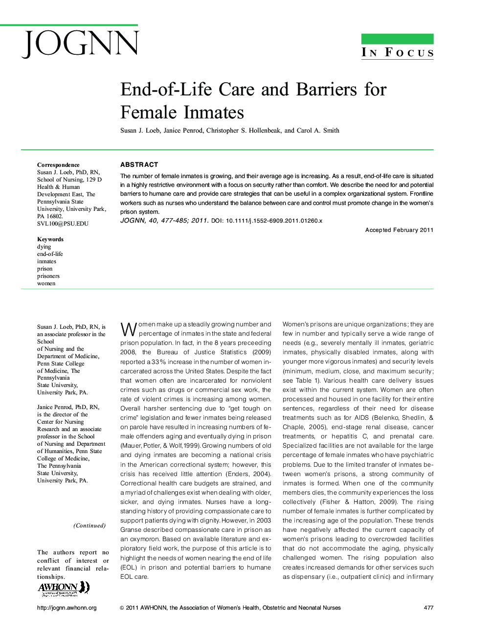 EndâofâLife Care and Barriers for Female Inmates