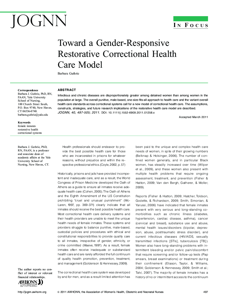 Toward a GenderâResponsive Restorative Correctional Health Care Model