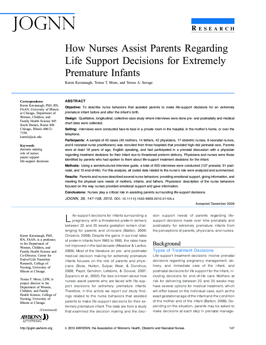 How Nurses Assist Parents Regarding Life Support Decisions for Extremely Premature Infants