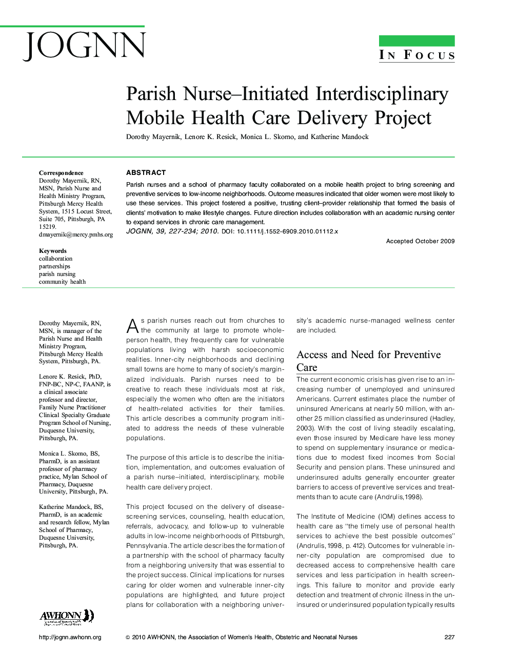 Parish Nurse-Initiated Interdisciplinary Mobile Health Care Delivery Project