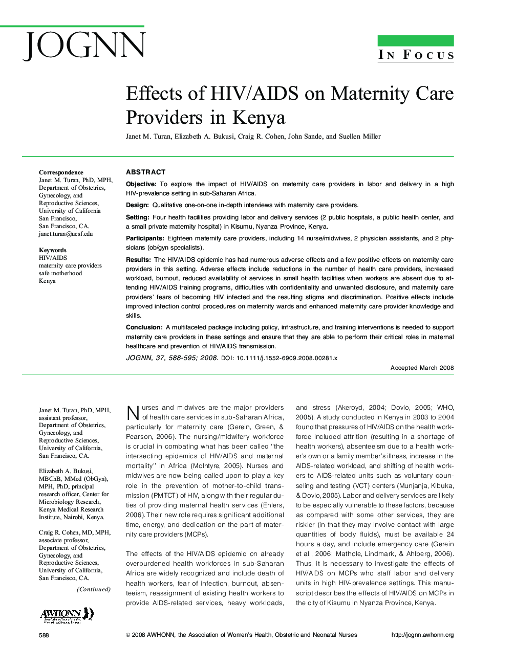 Effects of HIV/AIDS on Maternity Care Providers in Kenya