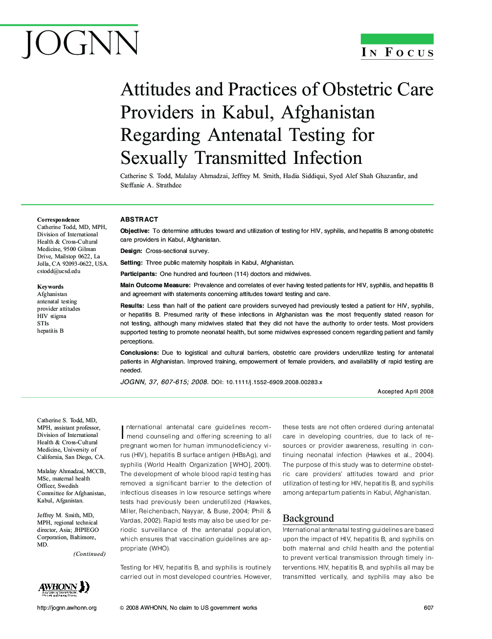 Attitudes and Practices of Obstetric Care Providers in Kabul, Afghanistan Regarding Antenatal Testing for Sexually Transmitted Infection