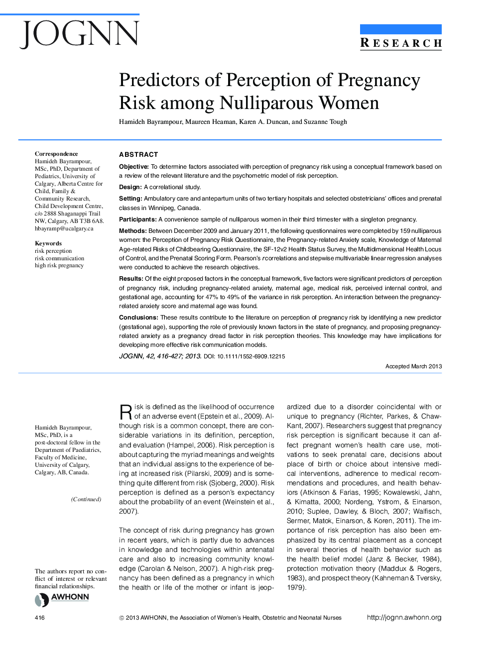 Predictors of Perception of Pregnancy Risk among Nulliparous Women 