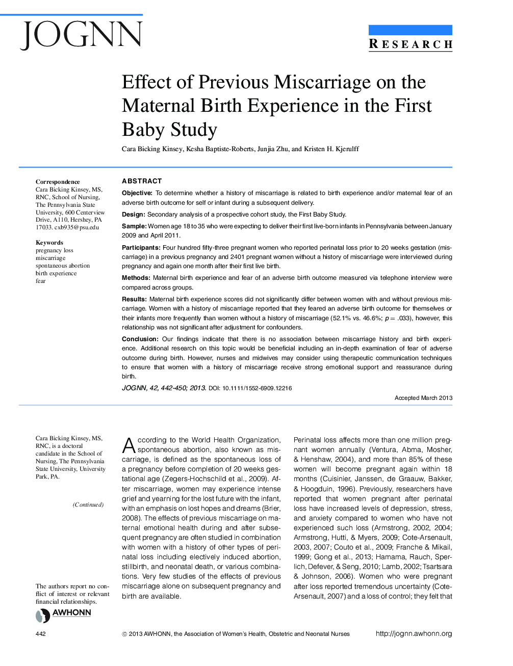 Effect of Previous Miscarriage on the Maternal Birth Experience in the First Baby Study