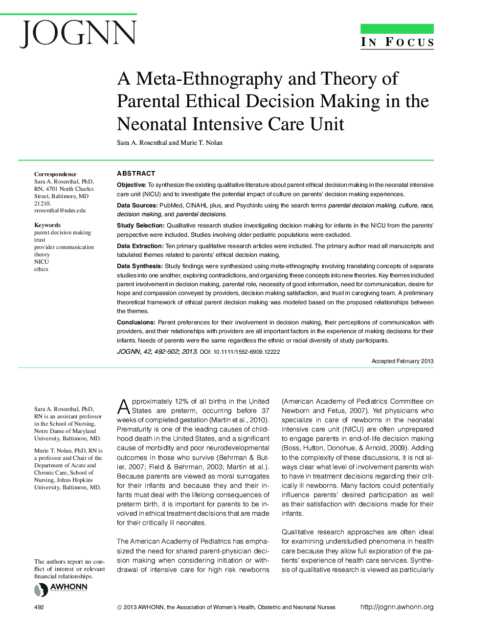 A Meta-Ethnography and Theory of Parental Ethical Decision Making in the Neonatal Intensive Care Unit