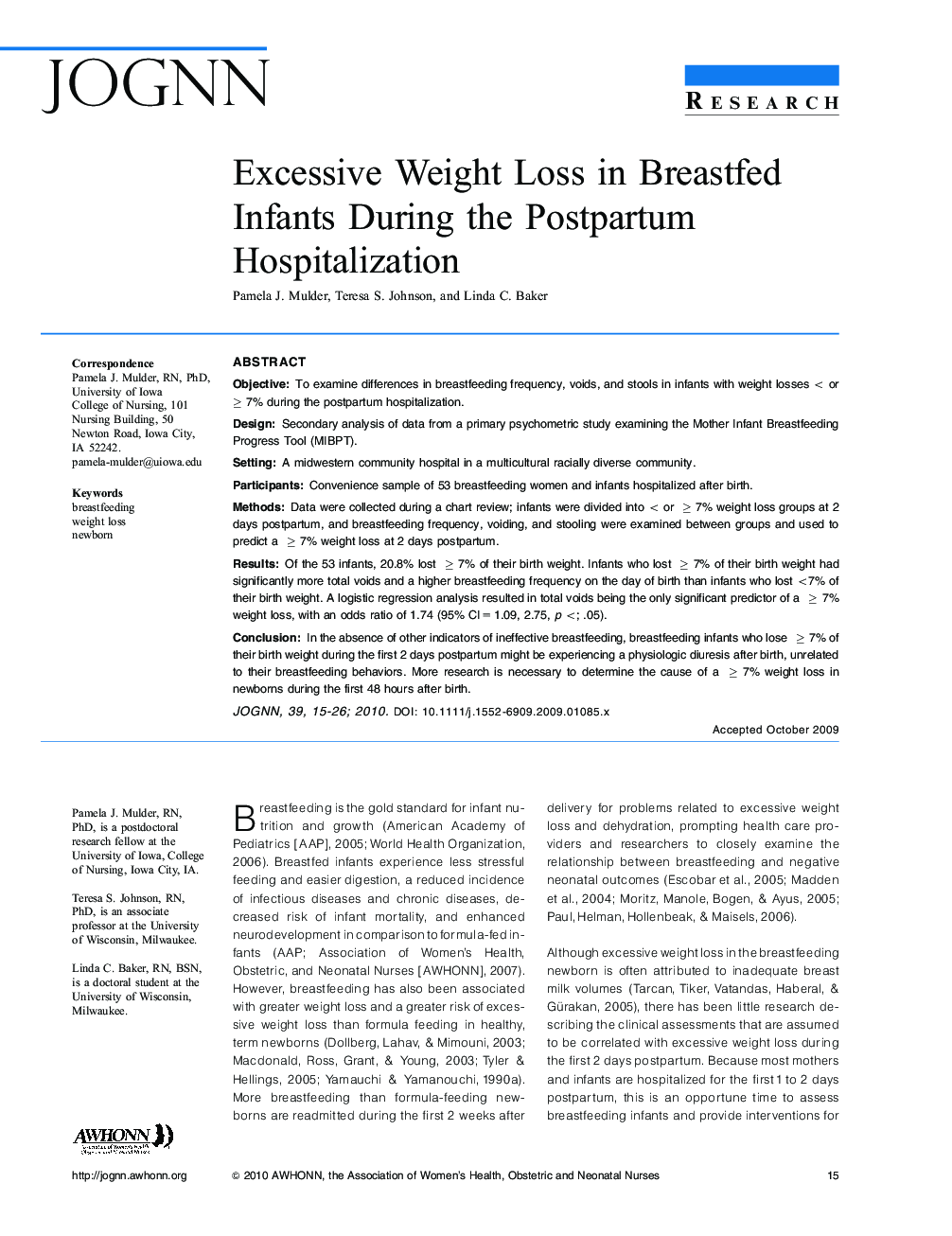 Excessive Weight Loss in Breastfed Infants During the Postpartum Hospitalization