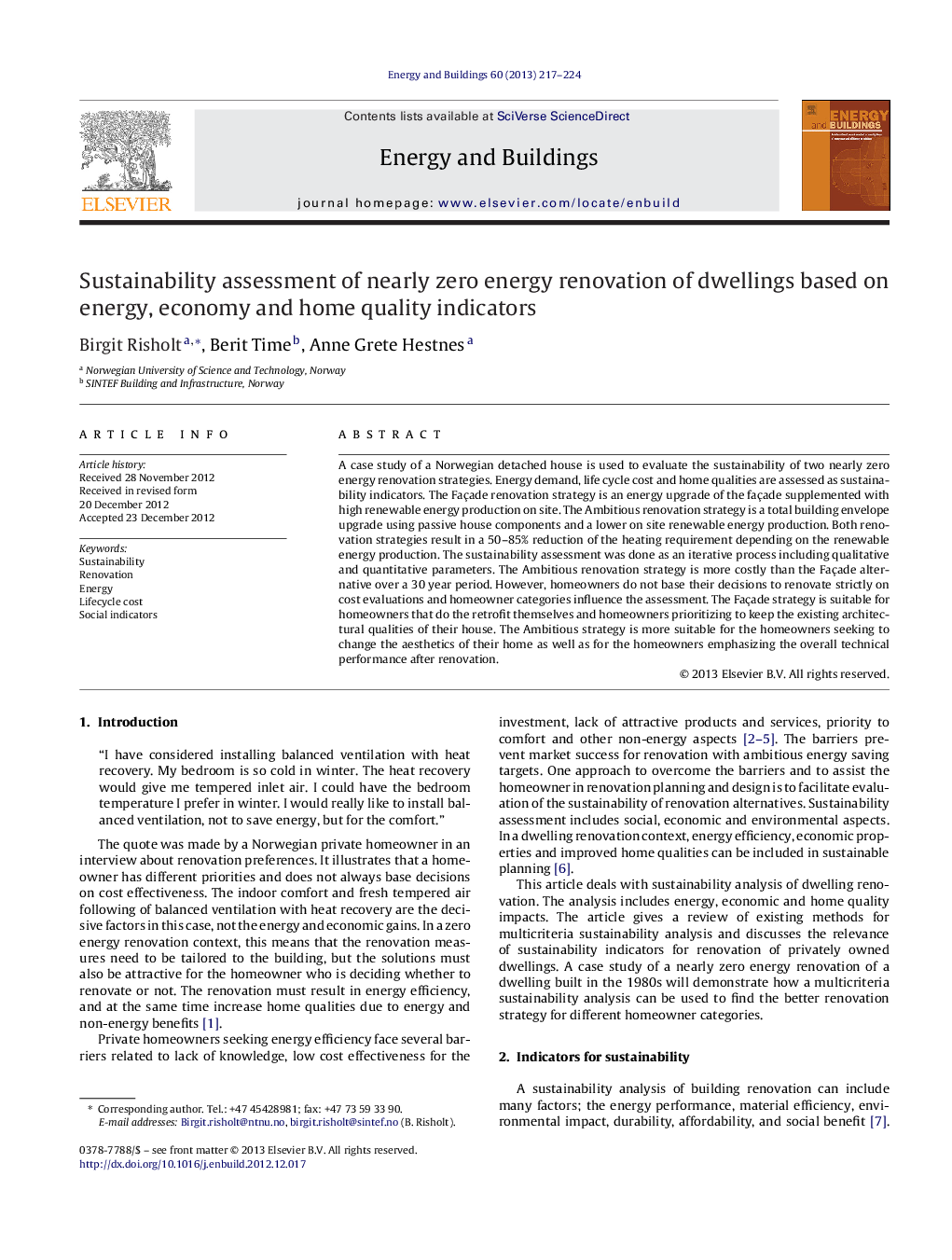 Sustainability assessment of nearly zero energy renovation of dwellings based on energy, economy and home quality indicators