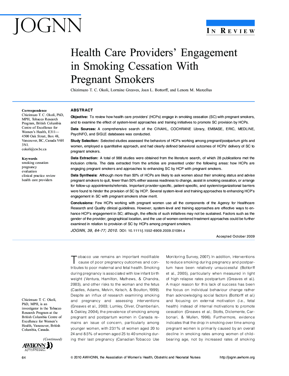 Health Care Providers' Engagement in Smoking Cessation With Pregnant Smokers