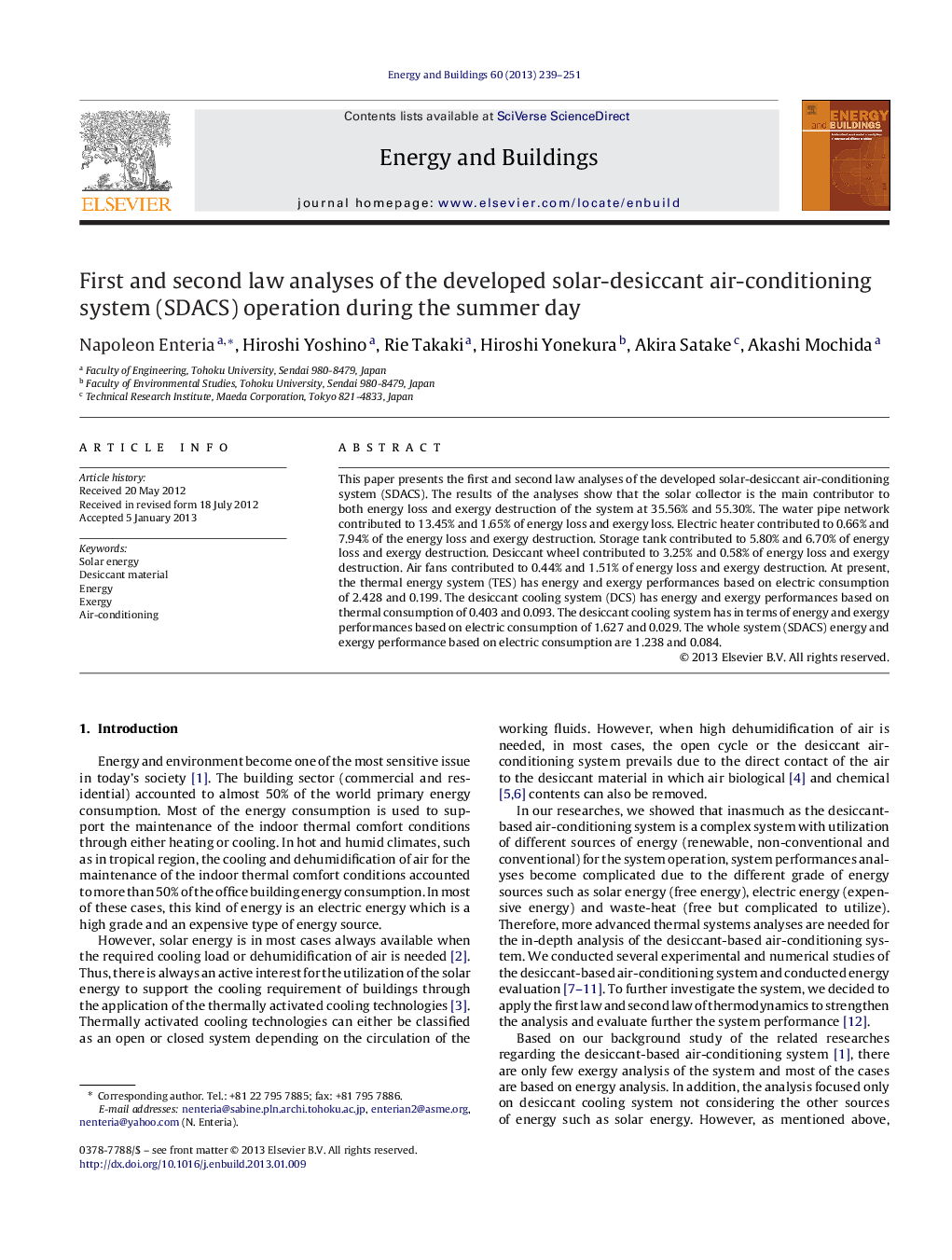 First and second law analyses of the developed solar-desiccant air-conditioning system (SDACS) operation during the summer day