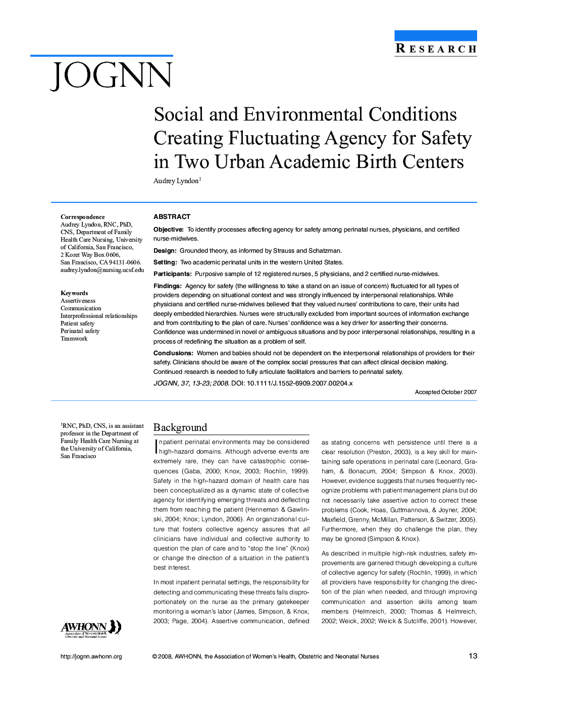 Social and Environmental Conditions Creating Fluctuating Agency for Safety in Two Urban Academic Birth Centers