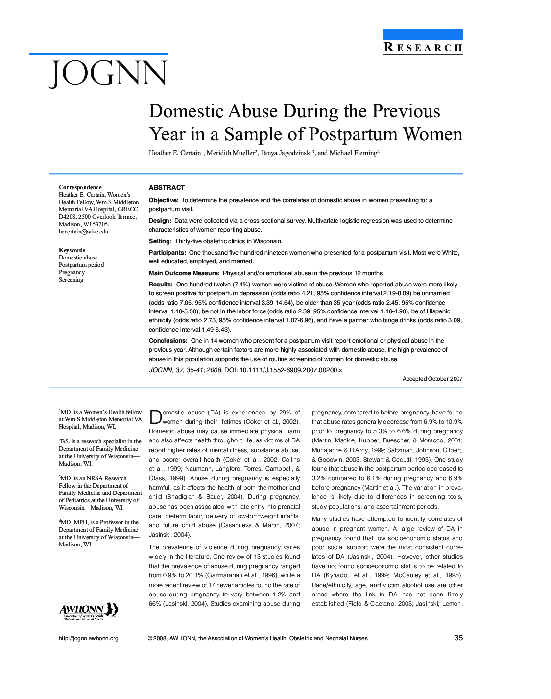 Domestic Abuse During the Previous Year in a Sample of Postpartum Women