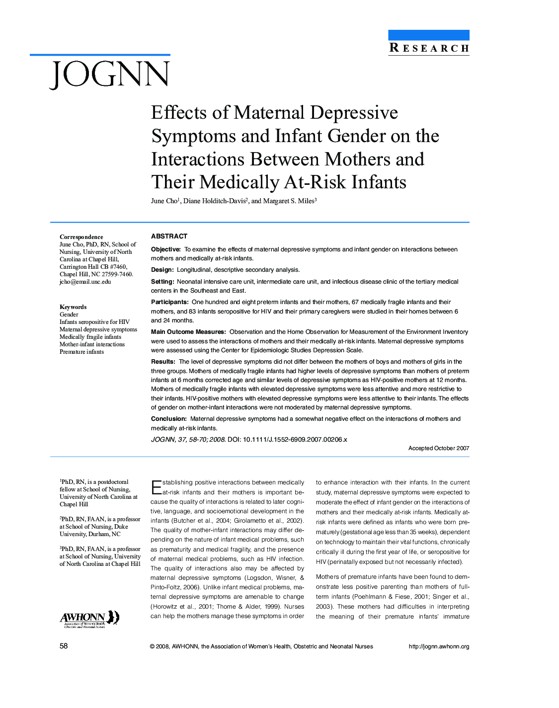 Effects of Maternal Depressive Symptoms and Infant Gender on the Interactions Between Mothers and Their Medically At-Risk Infants