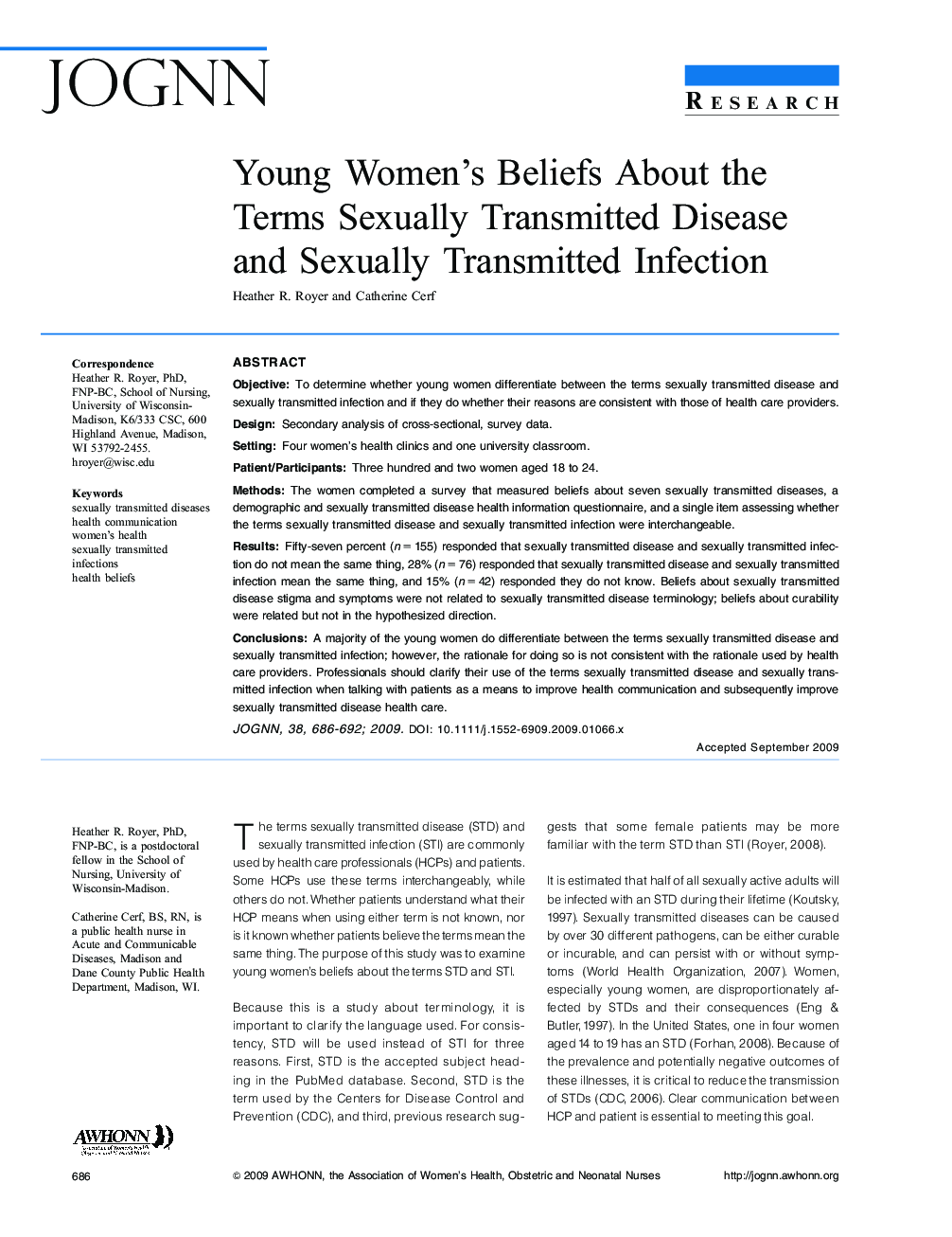 Young Women's Beliefs About the Terms Sexually Transmitted Disease and Sexually Transmitted Infection