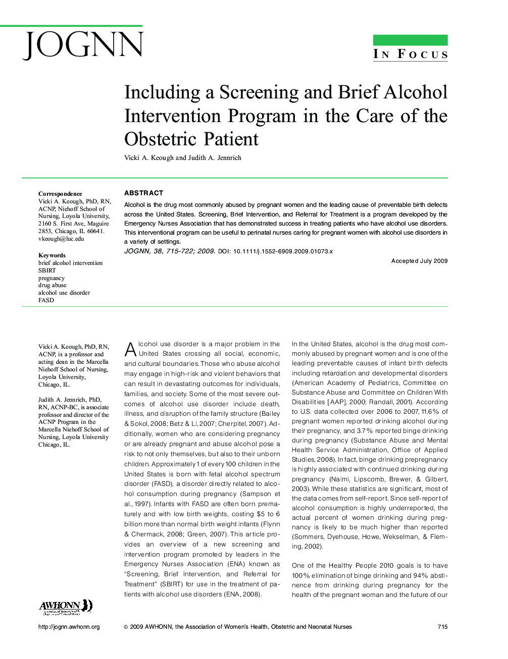Including a Screening and Brief Alcohol Intervention Program in the Care of the Obstetric Patient