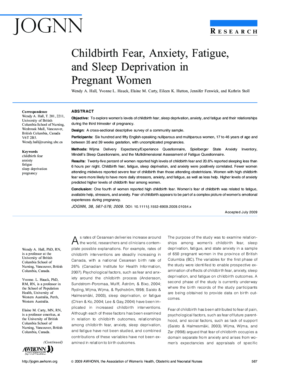 Childbirth Fear, Anxiety, Fatigue, and Sleep Deprivation in Pregnant Women