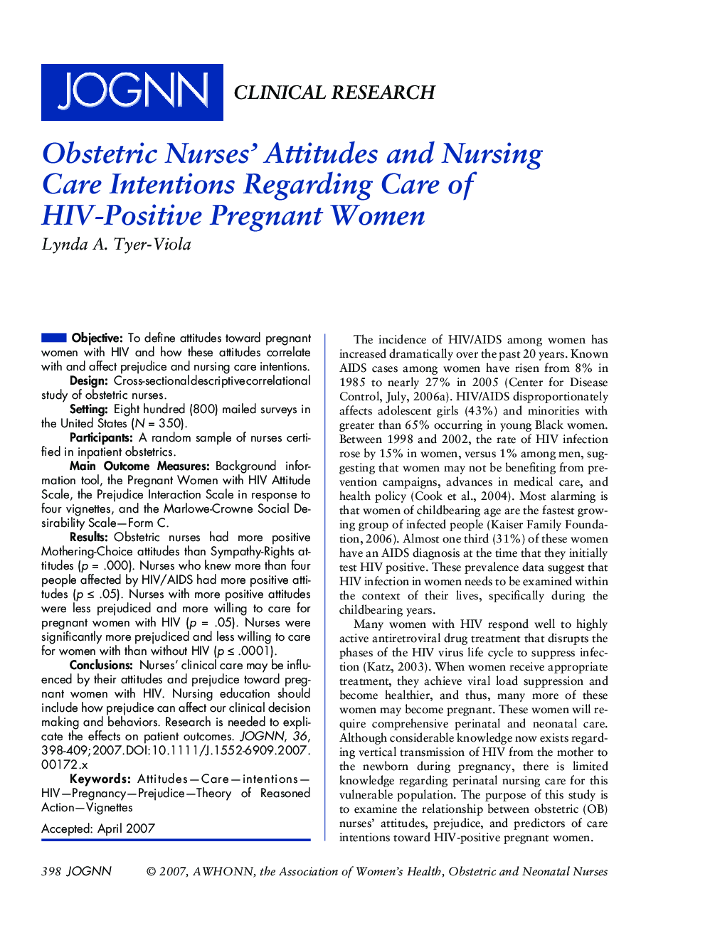 Obstetric Nurses' Attitudes and Nursing Care Intentions Regarding Care of HIVâPositive Pregnant Women