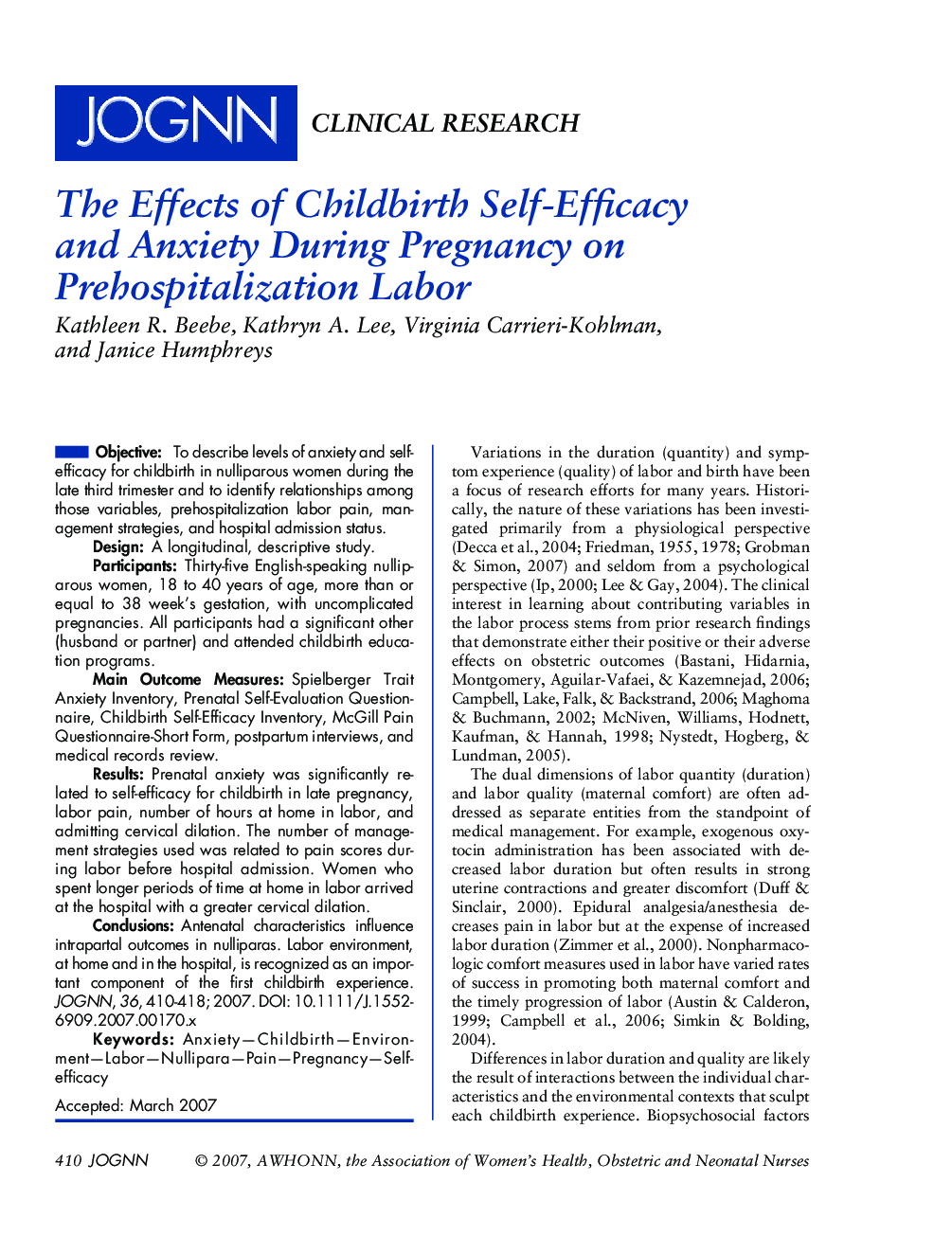 The Effects of Childbirth SelfâEfficacy and Anxiety During Pregnancy on Prehospitalization Labor