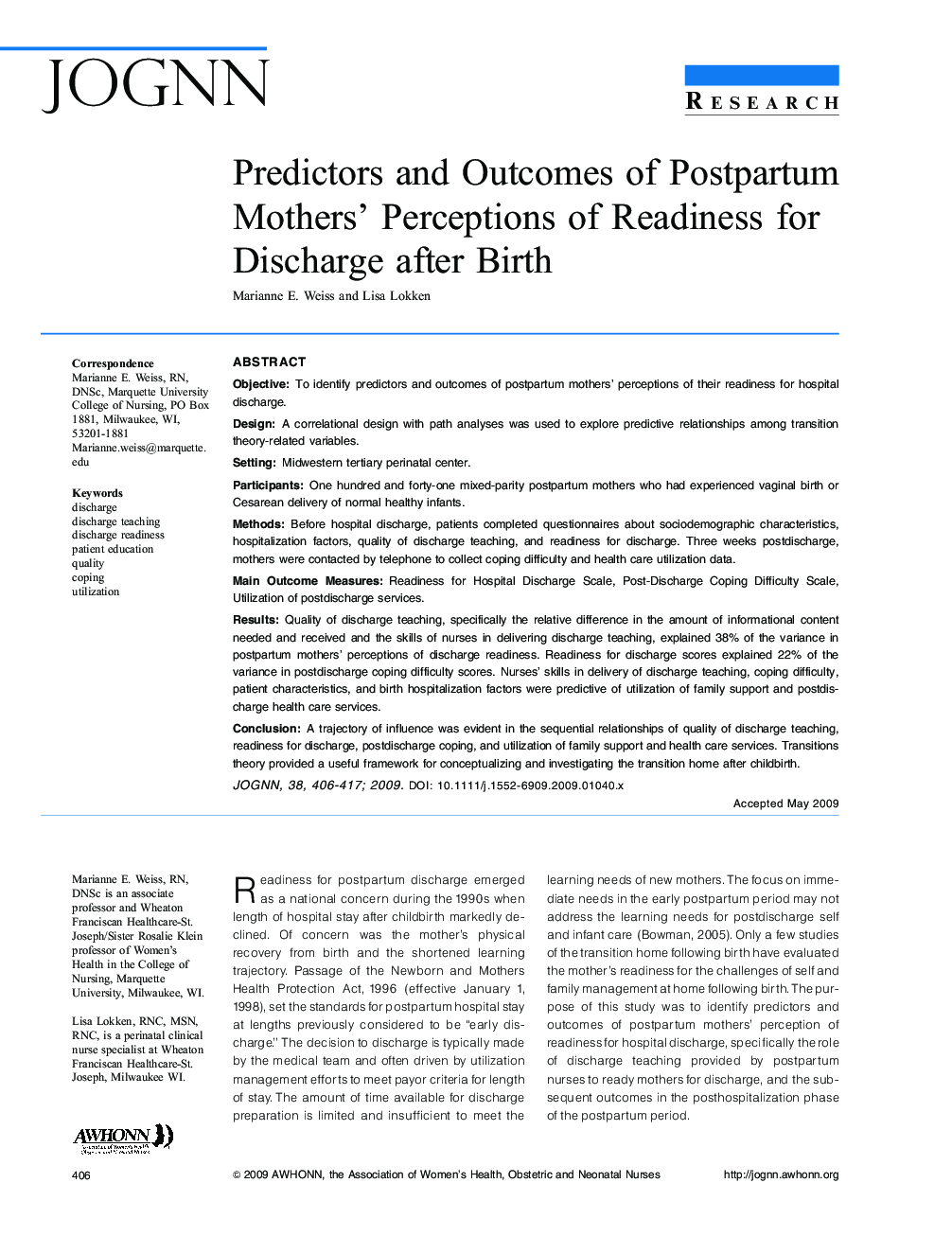 Predictors and Outcomes of Postpartum Mothers' Perceptions of Readiness for Discharge after Birth