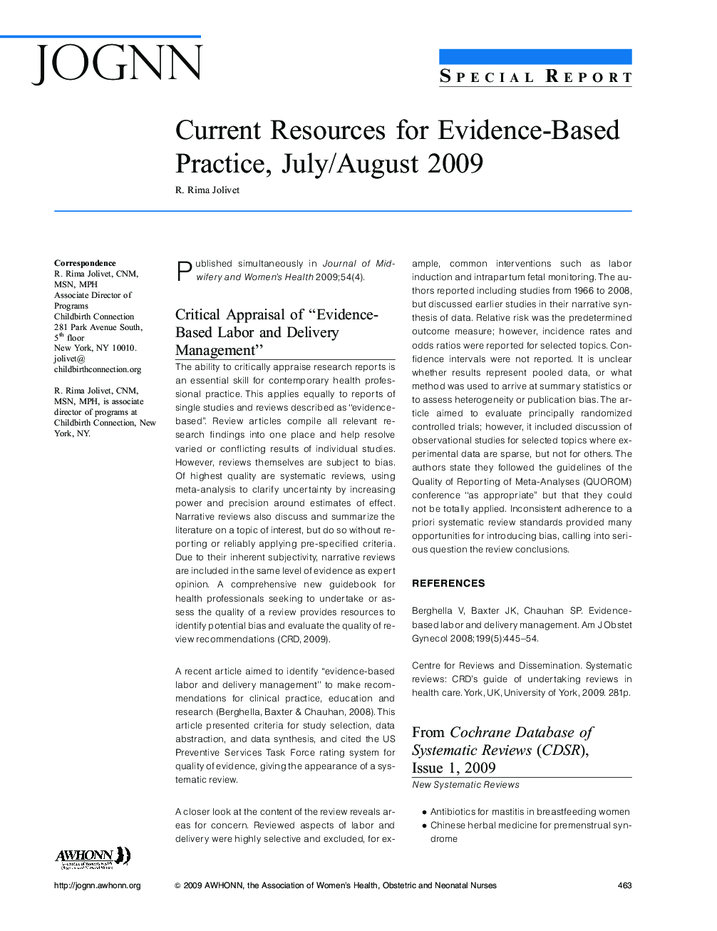 Current Resources for Evidence-Based Practice, July/August 2009