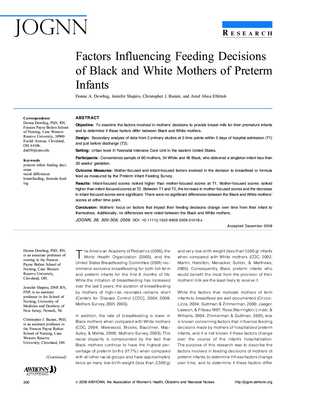 Factors Influencing Feeding Decisions of Black and White Mothers of Preterm Infants