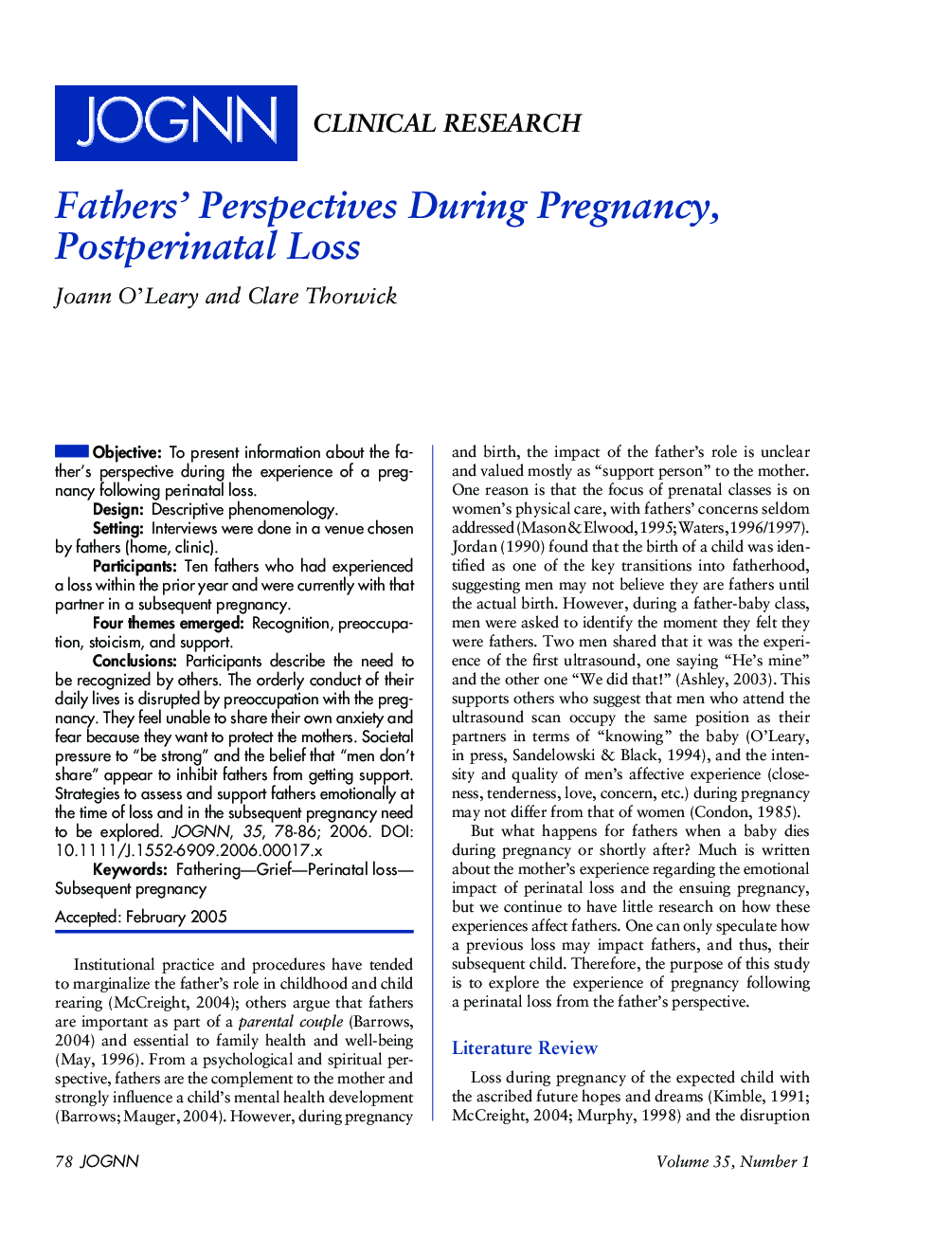 Fathers' Perspectives During Pregnancy, Postperinatal Loss