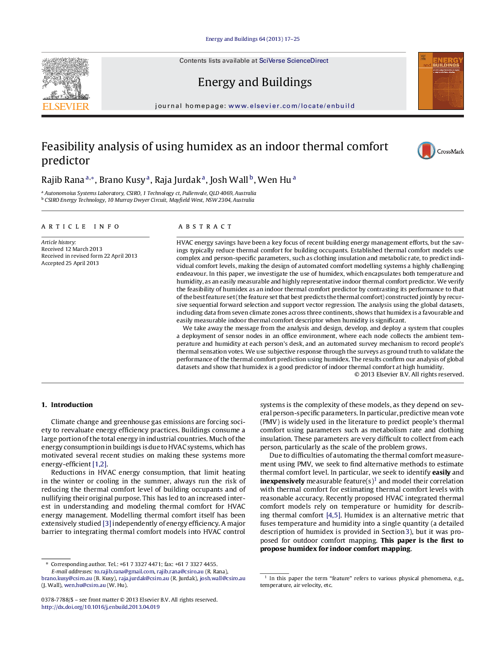 Feasibility analysis of using humidex as an indoor thermal comfort predictor