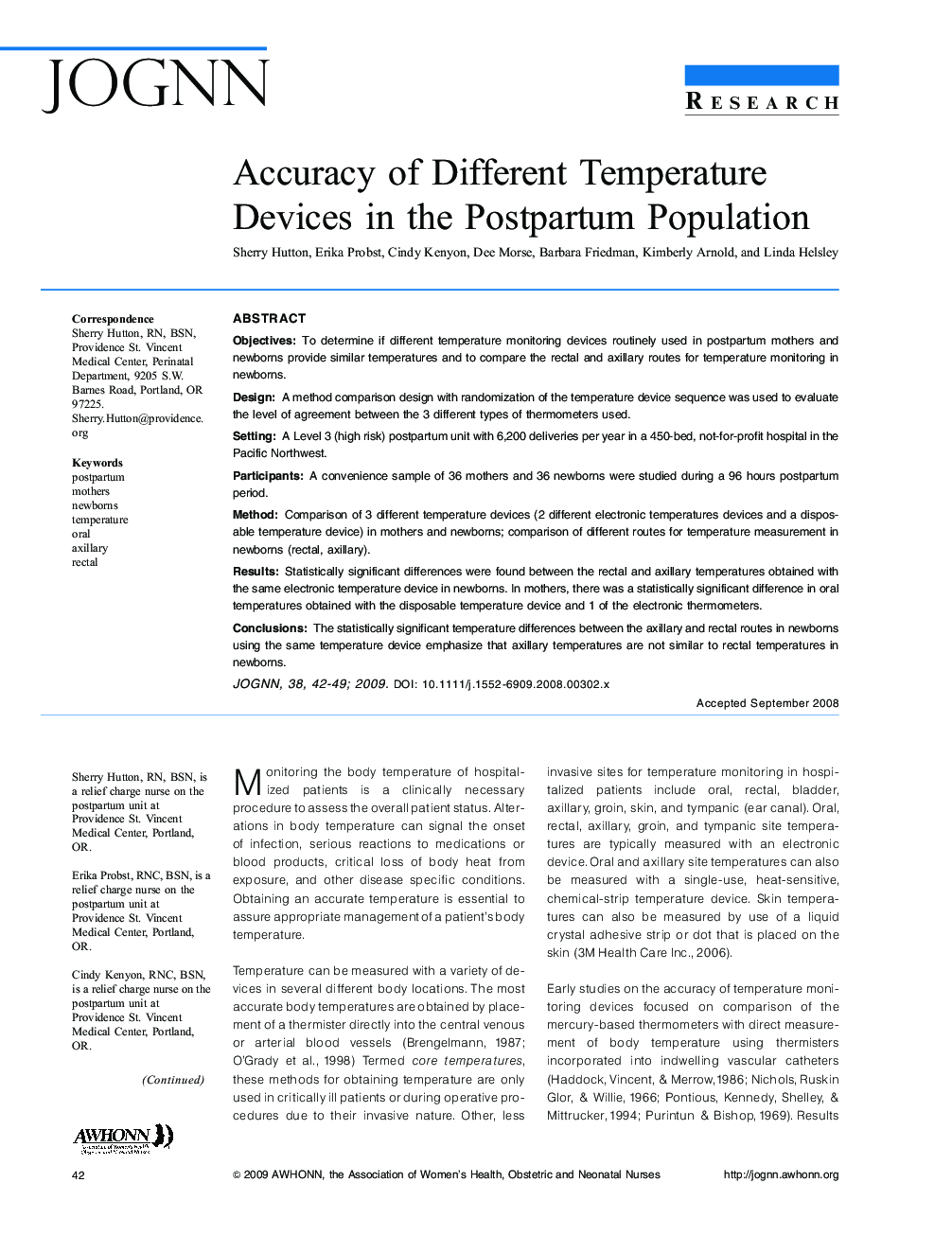 Accuracy of Different Temperature Devices in the Postpartum Population