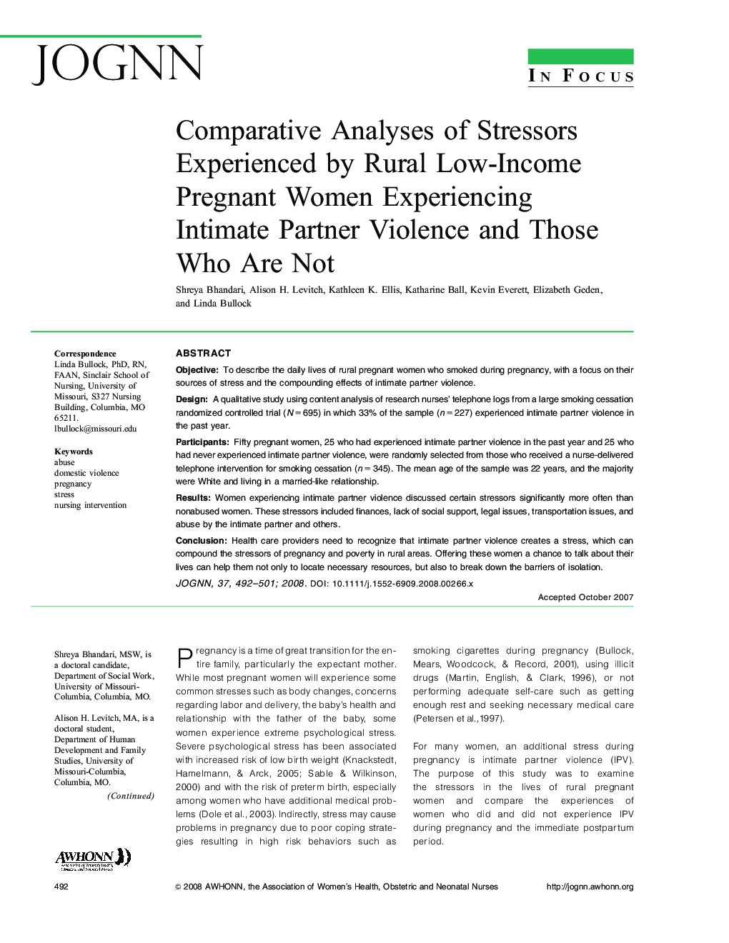 Comparative Analyses of Stressors Experienced by Rural Low-Income Pregnant Women Experiencing Intimate Partner Violence and Those Who Are Not