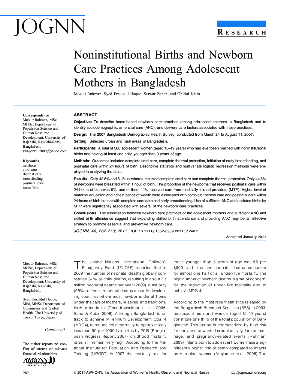 Noninstitutional Births and Newborn Care Practices Among Adolescent Mothers in Bangladesh