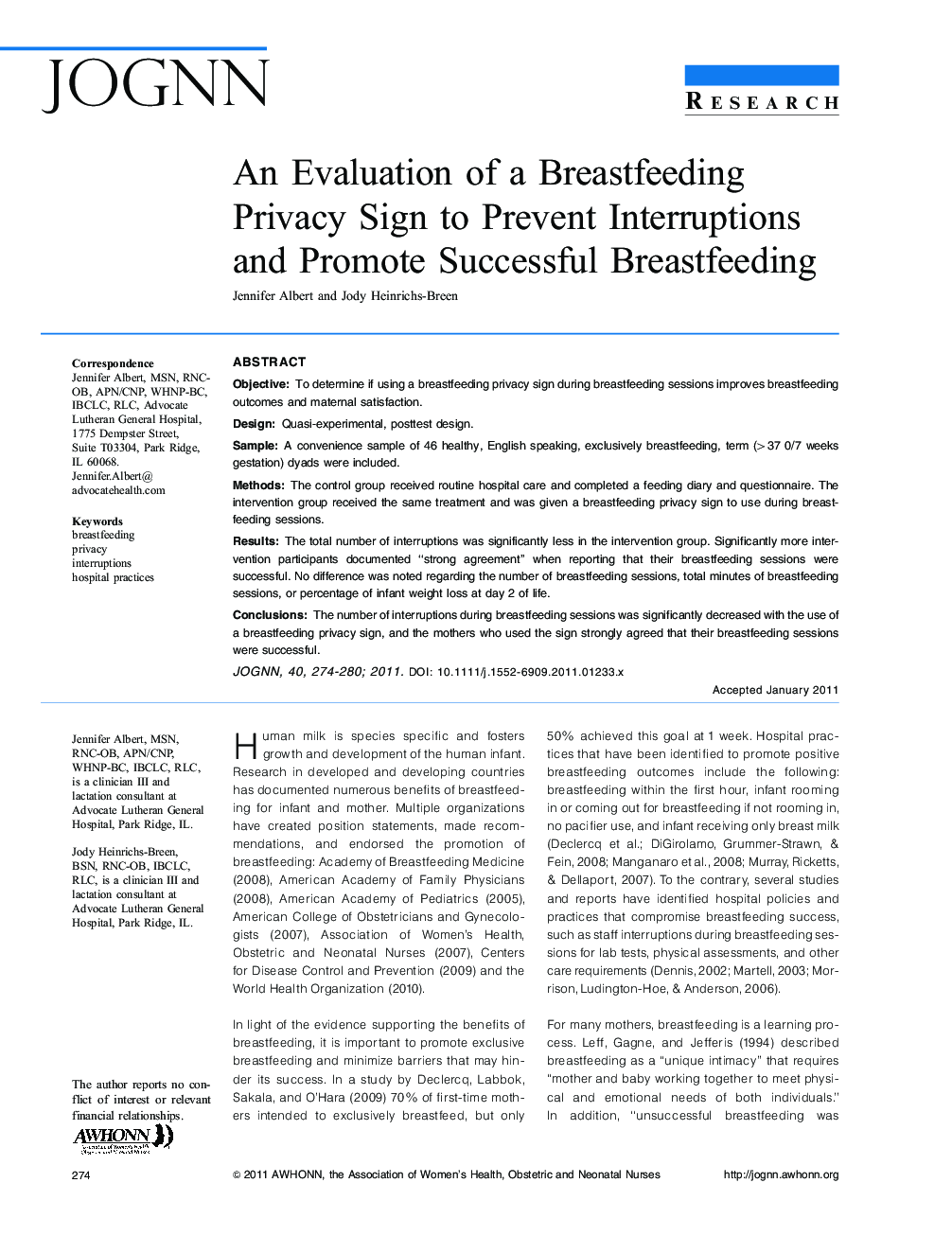 An Evaluation of a Breastfeeding Privacy Sign to Prevent Interruptions and Promote Successful Breastfeeding