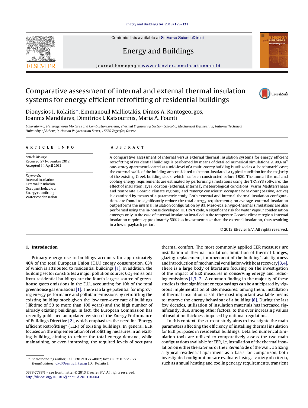 Comparative assessment of internal and external thermal insulation systems for energy efficient retrofitting of residential buildings